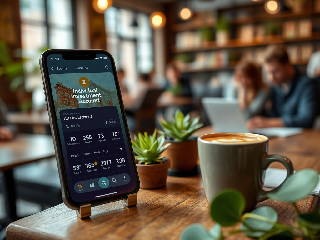 На фоне кафе смартфон с приложением для индивидуального инвестиционного счета и чашка кофе на столе.
