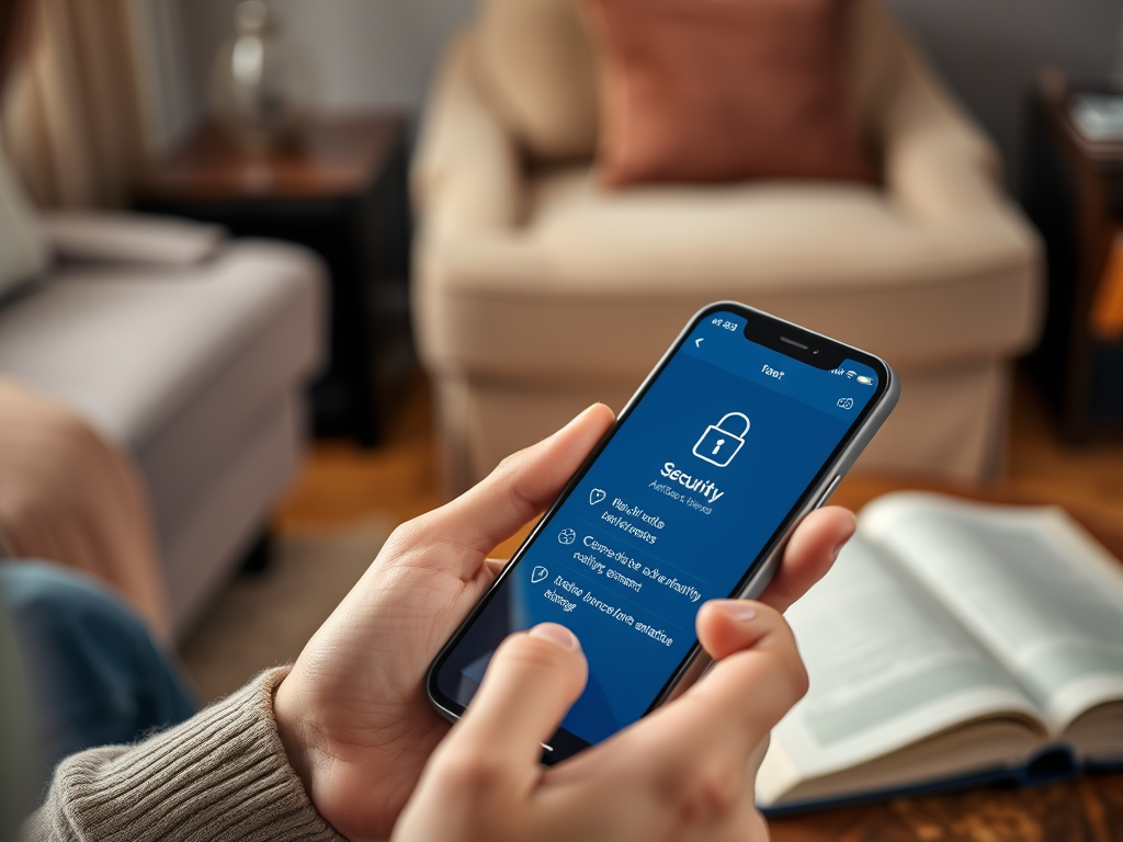 На экране телефона открыто приложение с настройками безопасности в уютной обстановке. Рядом открыта книга.