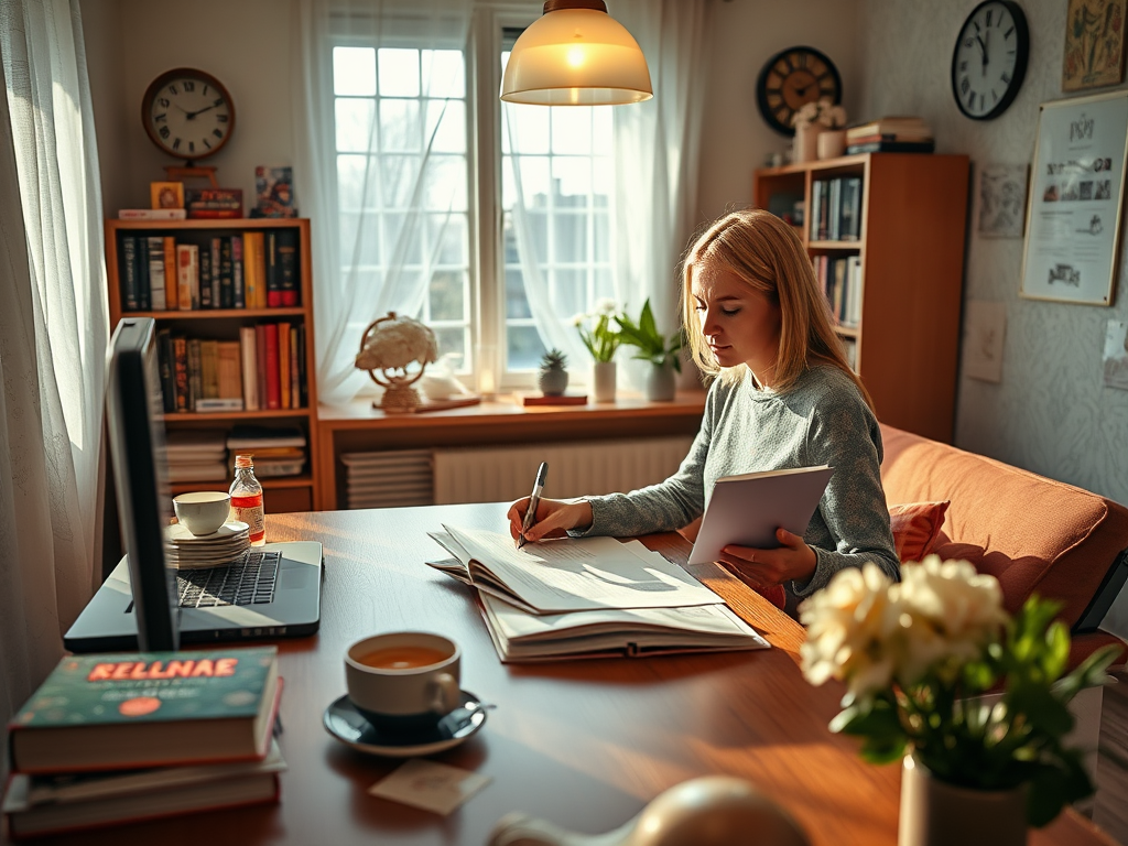 Молодая женщина работает за столом, окружённая книгами, с чашкой кофе и ноутбуком перед собой.