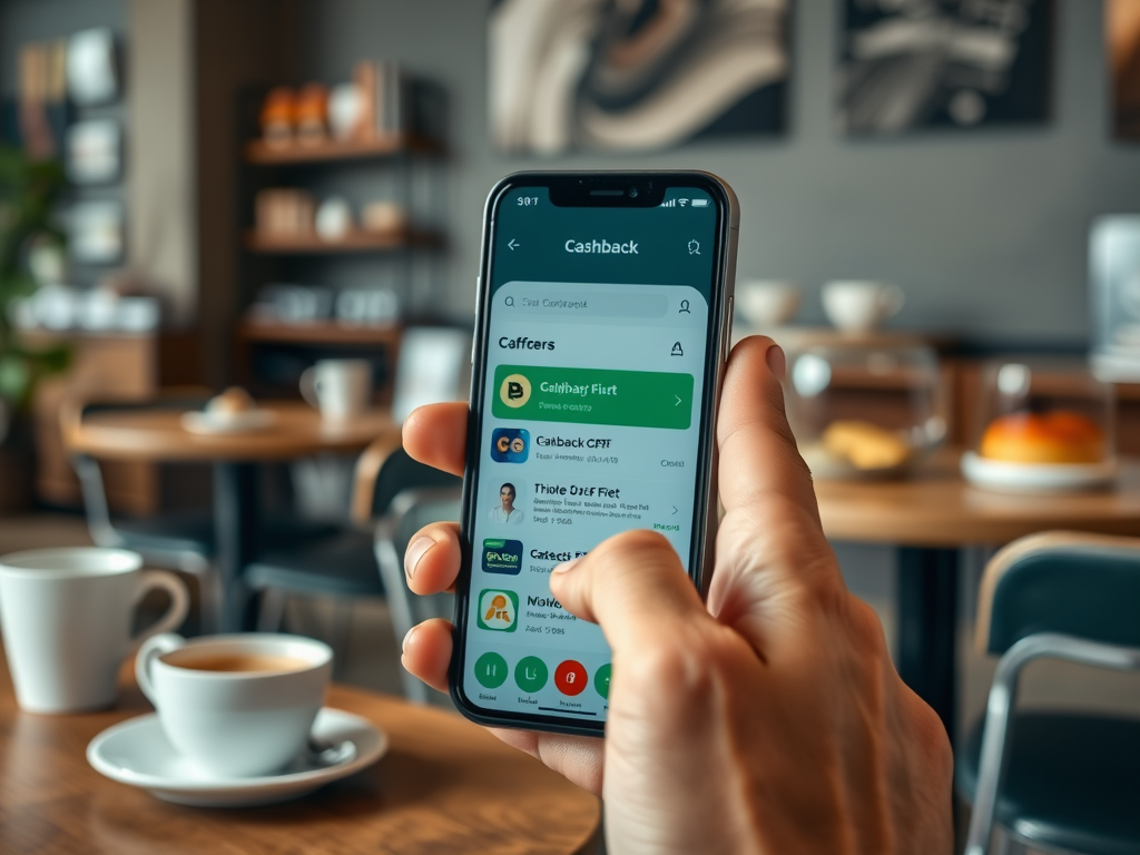 На изображении рука держит смартфон с приложением кэшбэка в кафе, на фоне чашка кофе и ассортимент десертов.